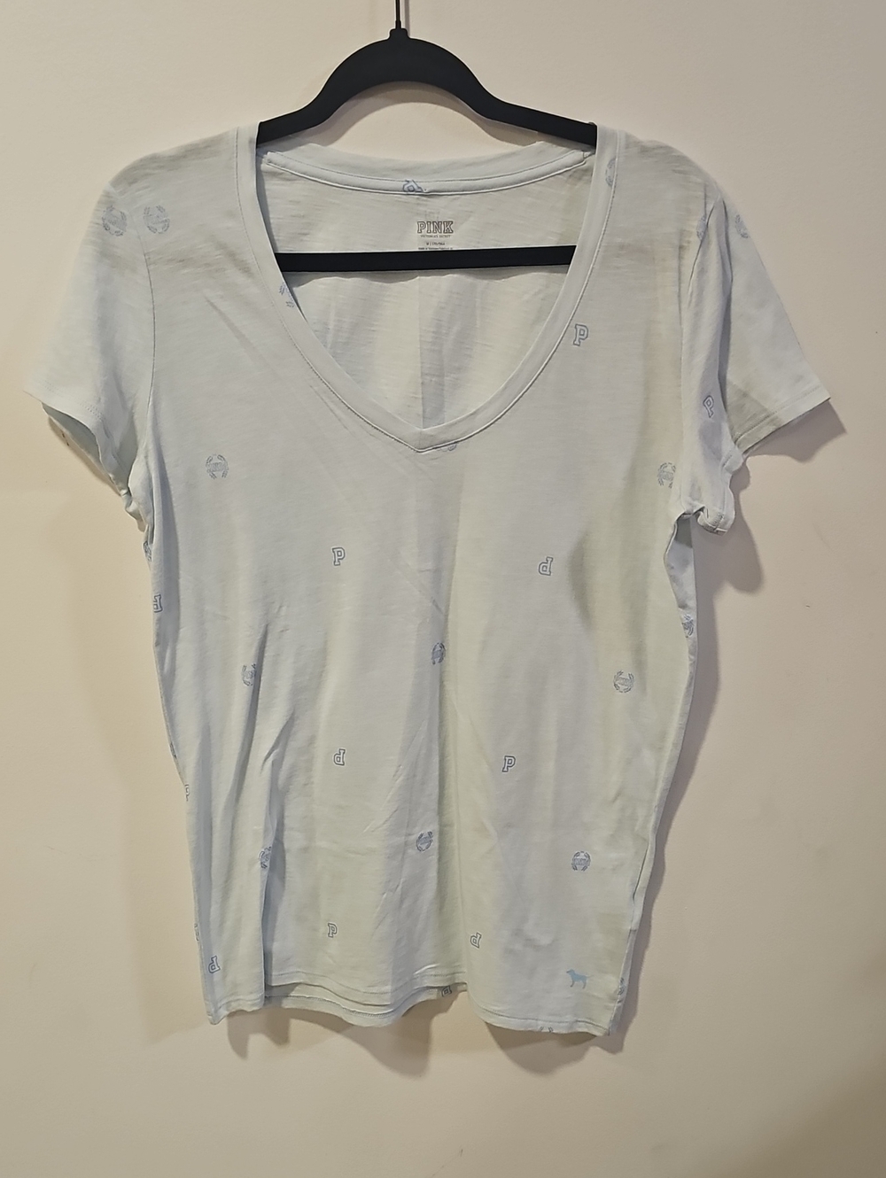 PINK Victoria's Secret Pale Blue V‑Neck Tee with Logo Print